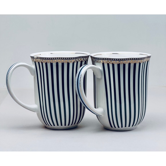 Grace's Teaware Black Striped Mugs w/ Gold Accents Coffee Tea Set of 2 - Picture 3 of 10